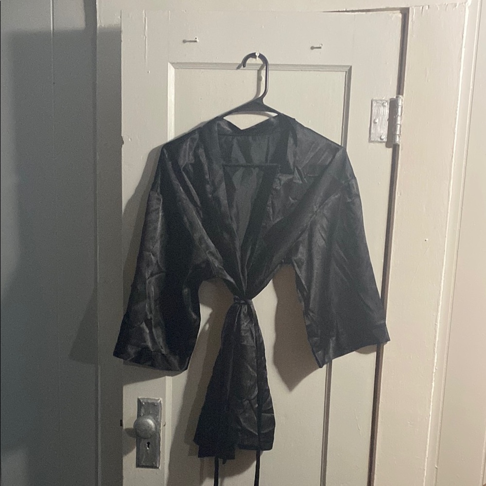 Black Satin Robe with Belt Tie and Wide Sleeves